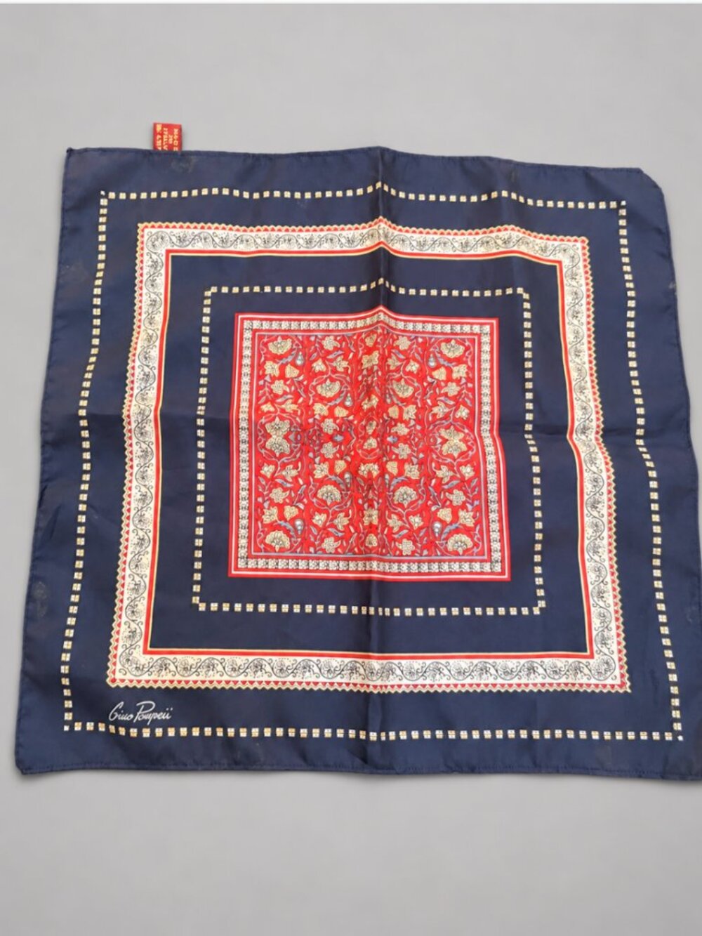 Vintage Gino Pompeii Italy Pocket Square Navy Red Floral Print 13x13